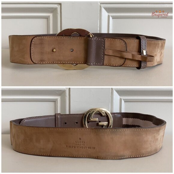 Authentic Gucci Taupe/Pink Web Leather Gold Interlocking G Buckle Belt 80/32 - Picture 6 of 13